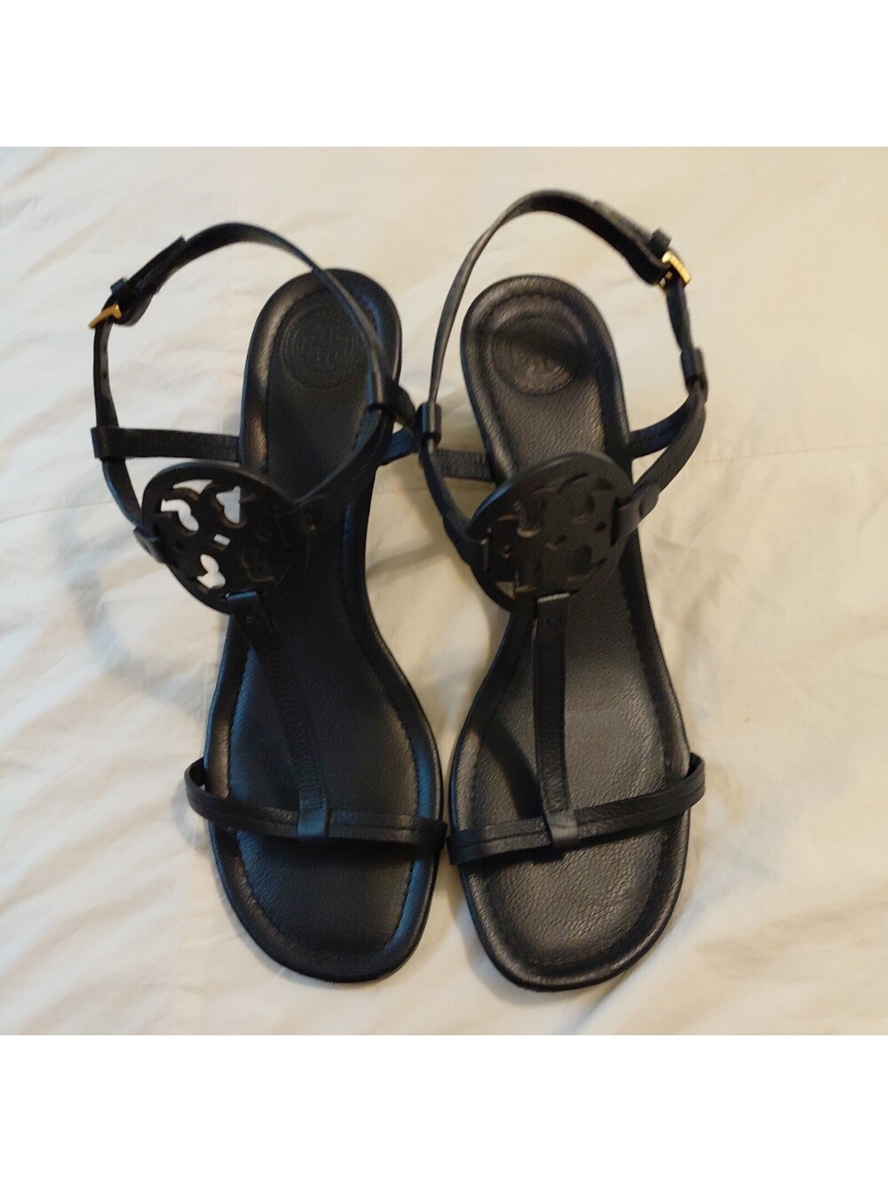 Tory Butch Miller T-Strap Navy Blue Leather Sandals Women’s Size 8 Logo EUC #883
